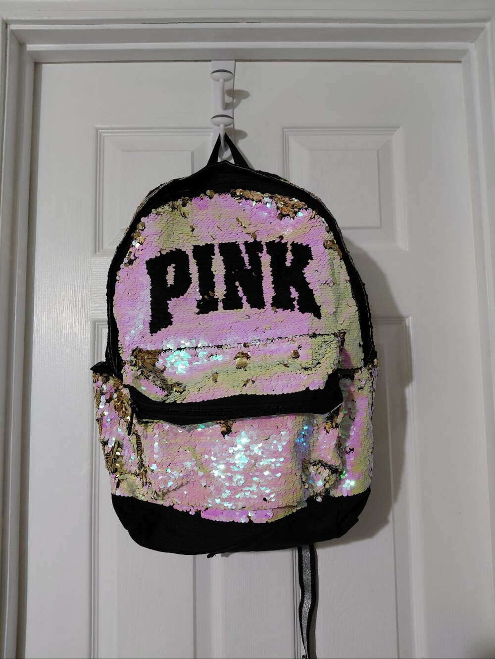 Victoria's Secret Pink Gold Black Iridescent Flip Sequin Bling Campus Backpack